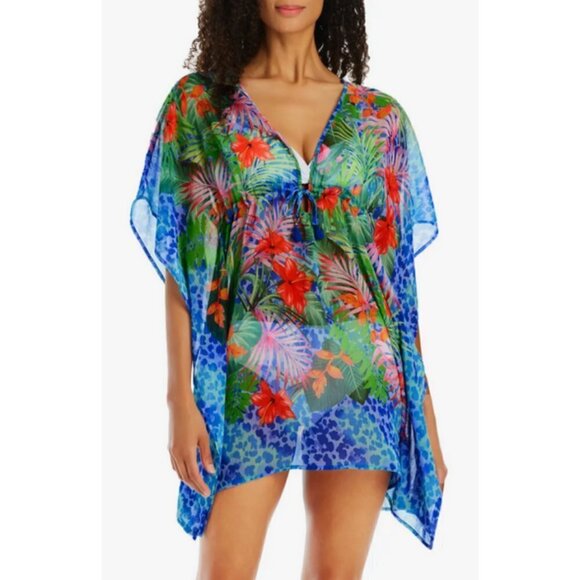 💕BLEU ROD BEATTIE💕 Chiffon Cover-Up Caftan ~ Tropical Flight Print Small S NWT - Picture 2 of 12